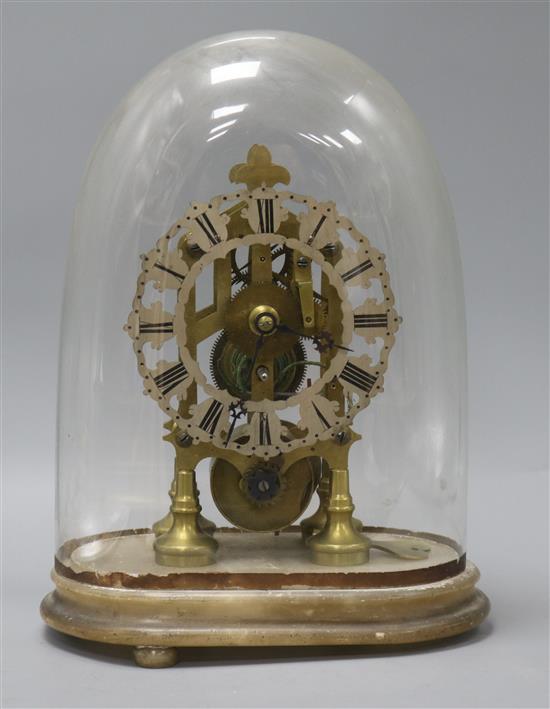 A 19th century brass skeleton timepiece under glass dome